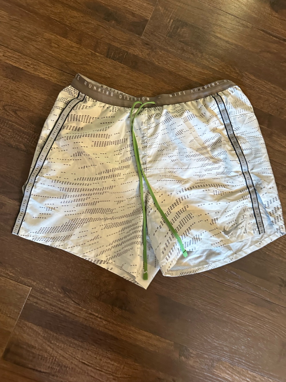 Nike White Athletic Running Shorts with Lime Drawstring